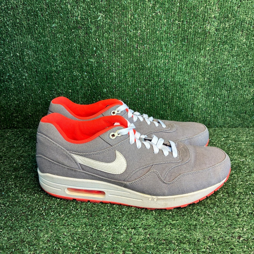 Nike Air Max 1 Premium Canvas Running Sneakers Cool Grey Crimson Mens Size 11.5